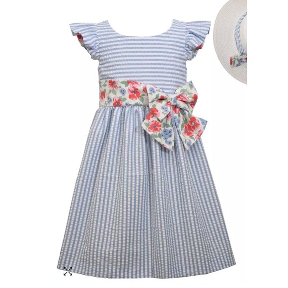 Bonnie Jean Blue Seersucker Stripe Dress Girls Size 2 Ruffle Sleeve Excellent ve - Picture 1 of 7